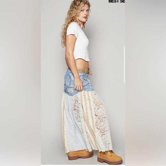 POL Patchwork Maxi Skirt in Light Blue, Cream, Tan - Picture 4 of 5